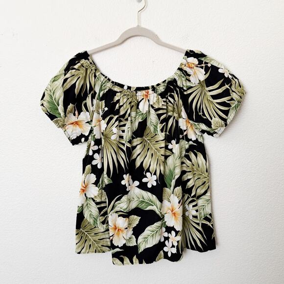 [Vintage] Black Green Hawaiian Tropical Print Puff Sleeve Scoop Neck Top Sz XL - Picture 1 of 8